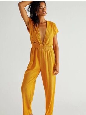 Free People Rita Deep V Elastic-Waist Jumpsuit in Golden Pollen Size Medium